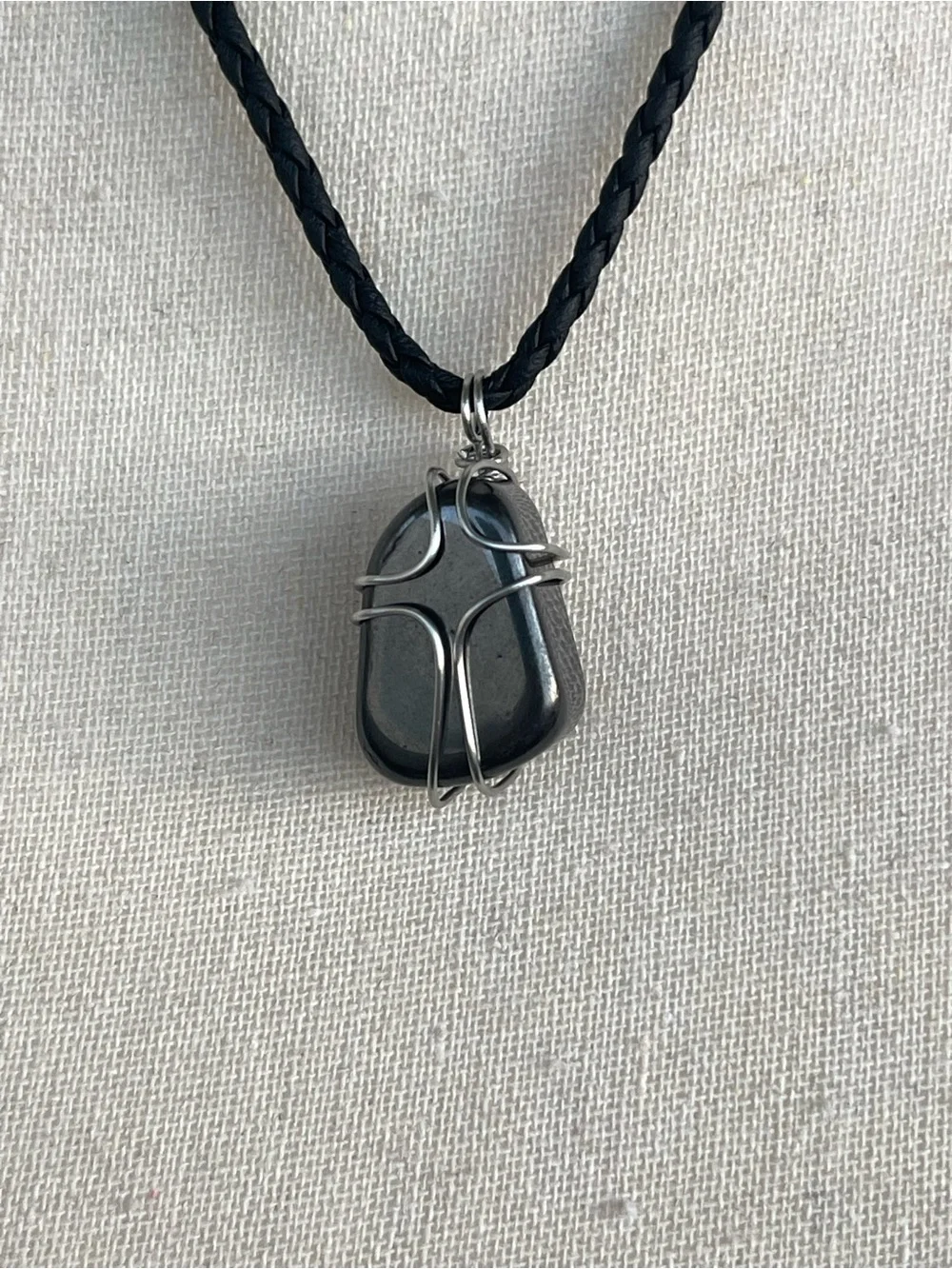 Hematite Black Gemstone Pendant Stainless Steel Wire Wrap on Braided Black Cord